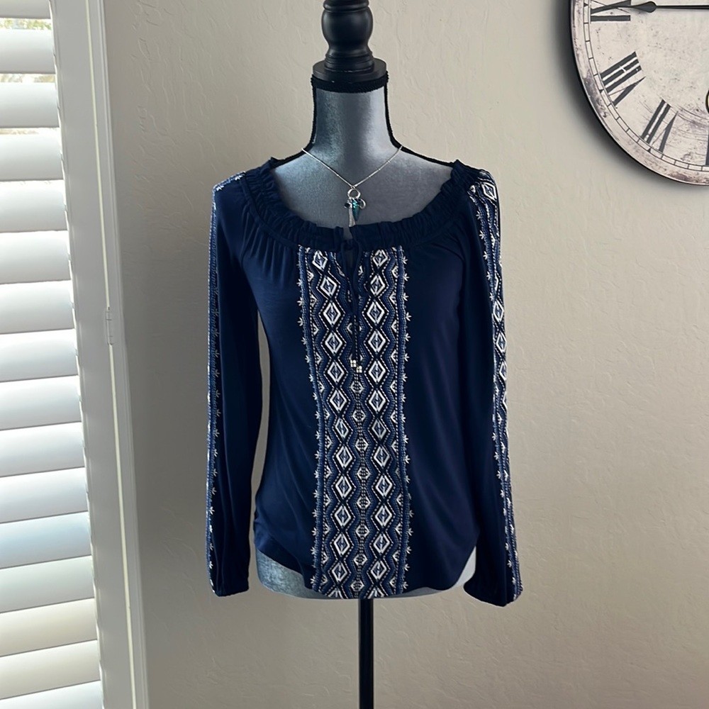 Embroidered long sleeve cotton knit drawstring top